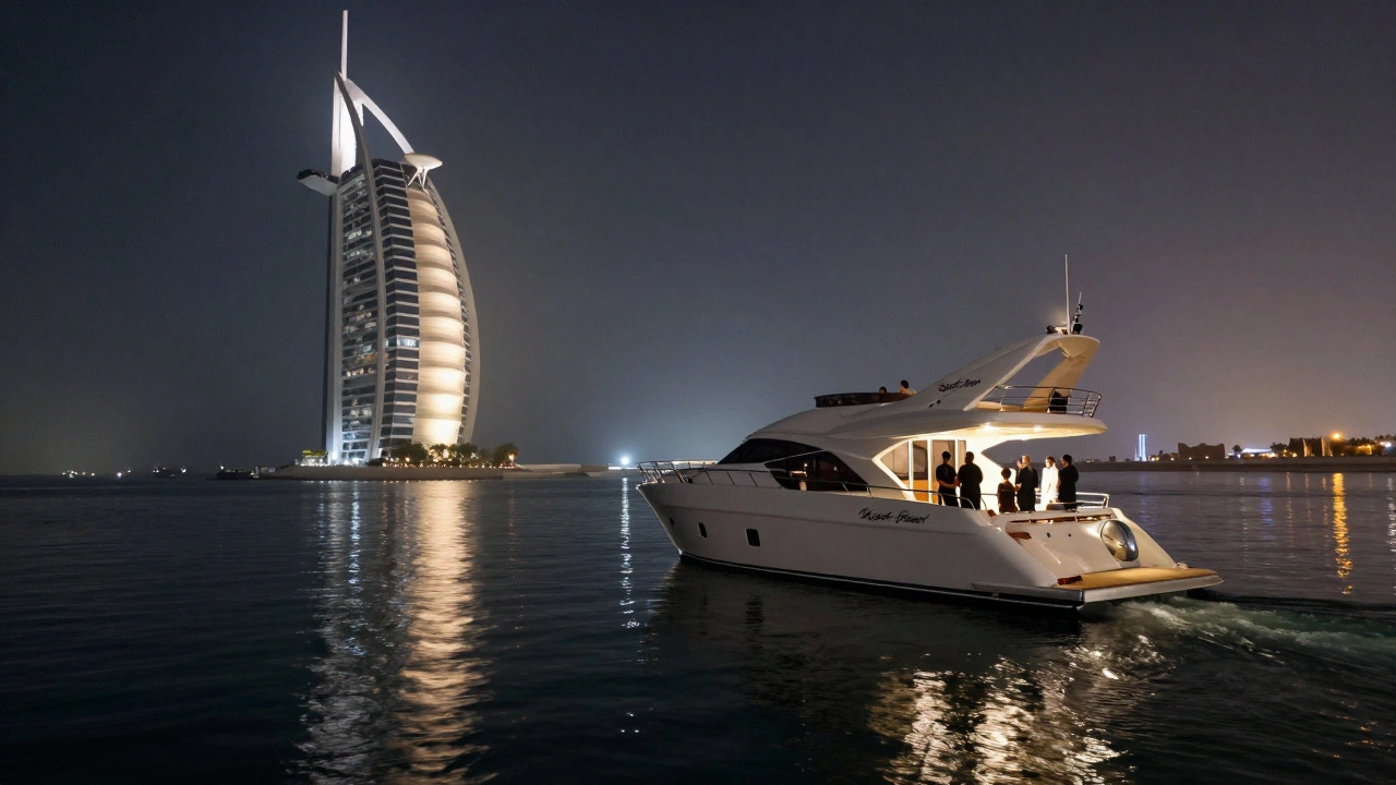 Private yacht &#039;Black Pearl&#039; sailing past Burj Al Arab under a synchronized light show at night.