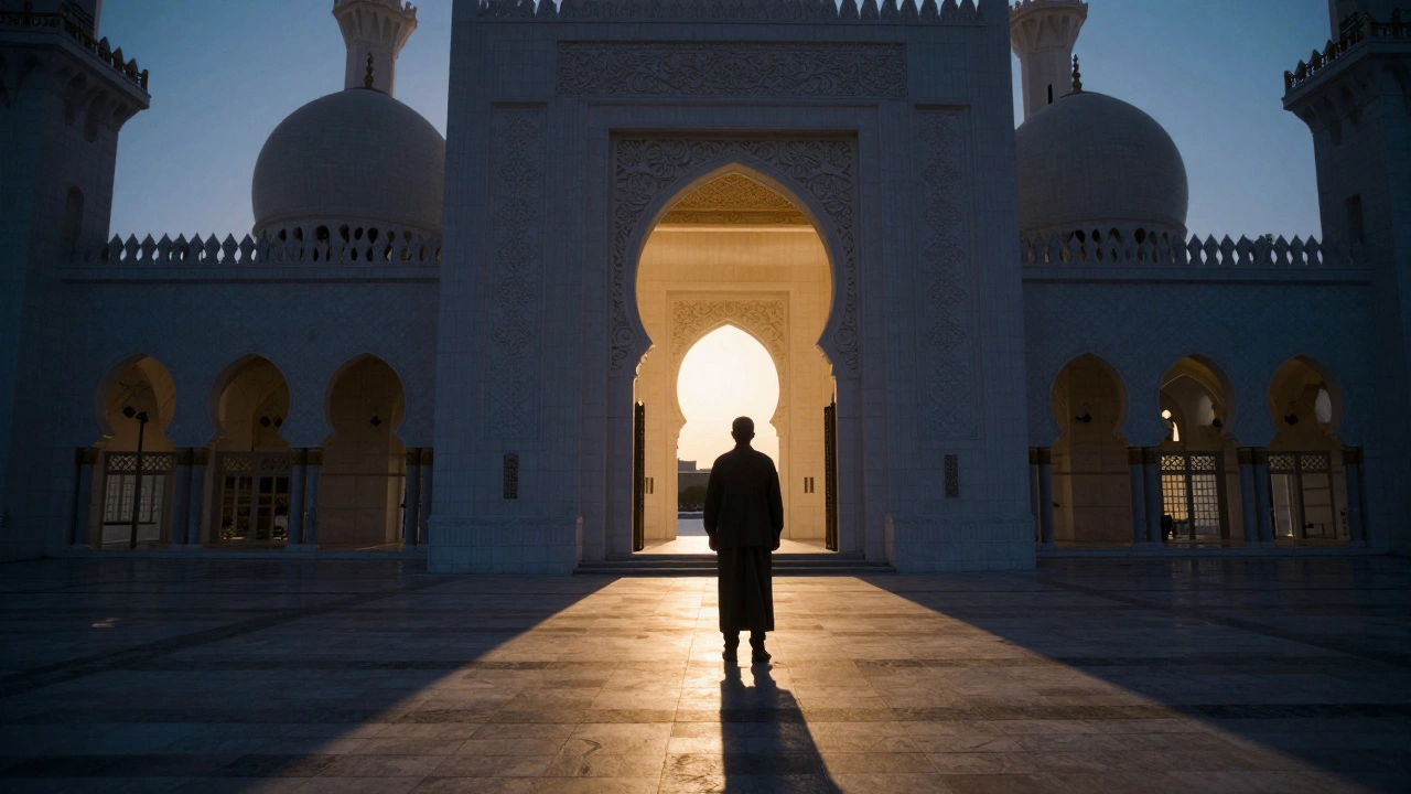 Silhouette of a visitor at the mosque entrance at dusk, warm light spilling from inside against a cool twilight.
