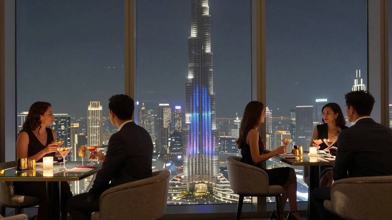 Skyview Bar with Burj Khalifa light show visible through floor-to-ceiling windows and elegantly dressed guests.