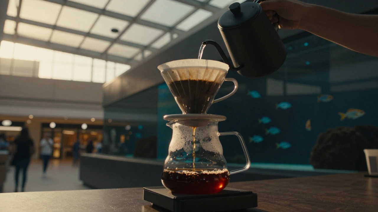 Slow pour-over coffee at Blue Bottle with aquarium reflections, quiet moment in busy Dubai Mall.