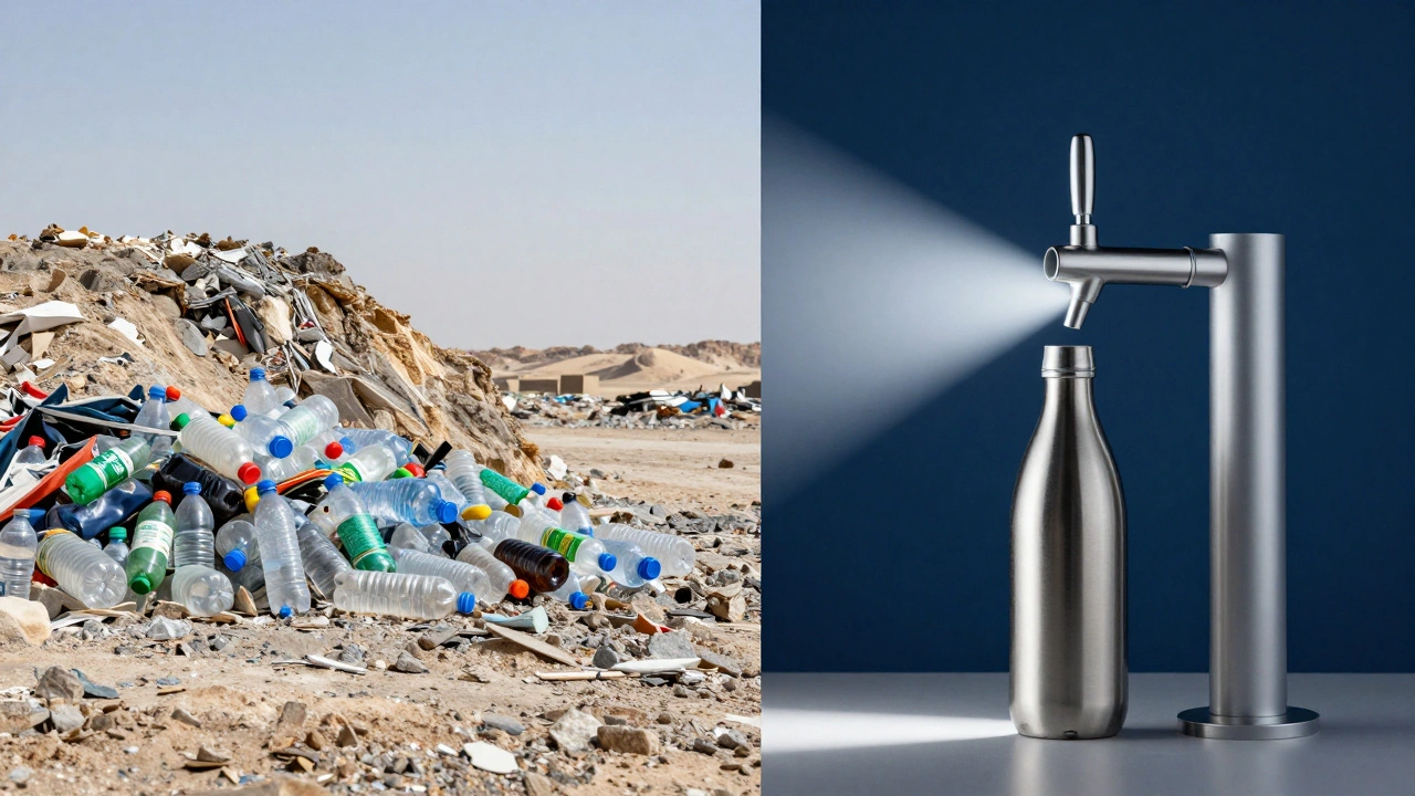 Split image: plastic bottle landfill vs. reusable bottle refilled at tap, symbolizing eco-choice.