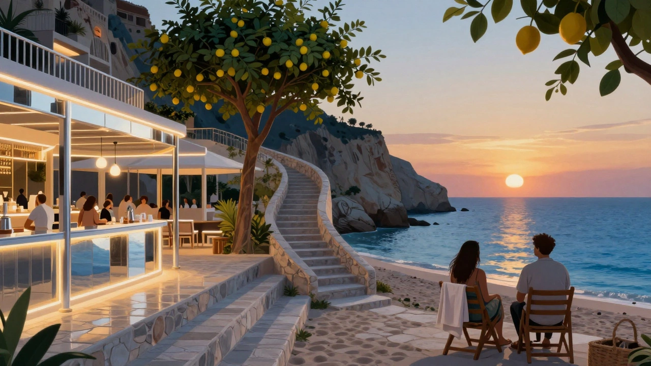 Split scene contrasting Dubai’s neon beach club with a quiet Mediterranean cliffside sunset.