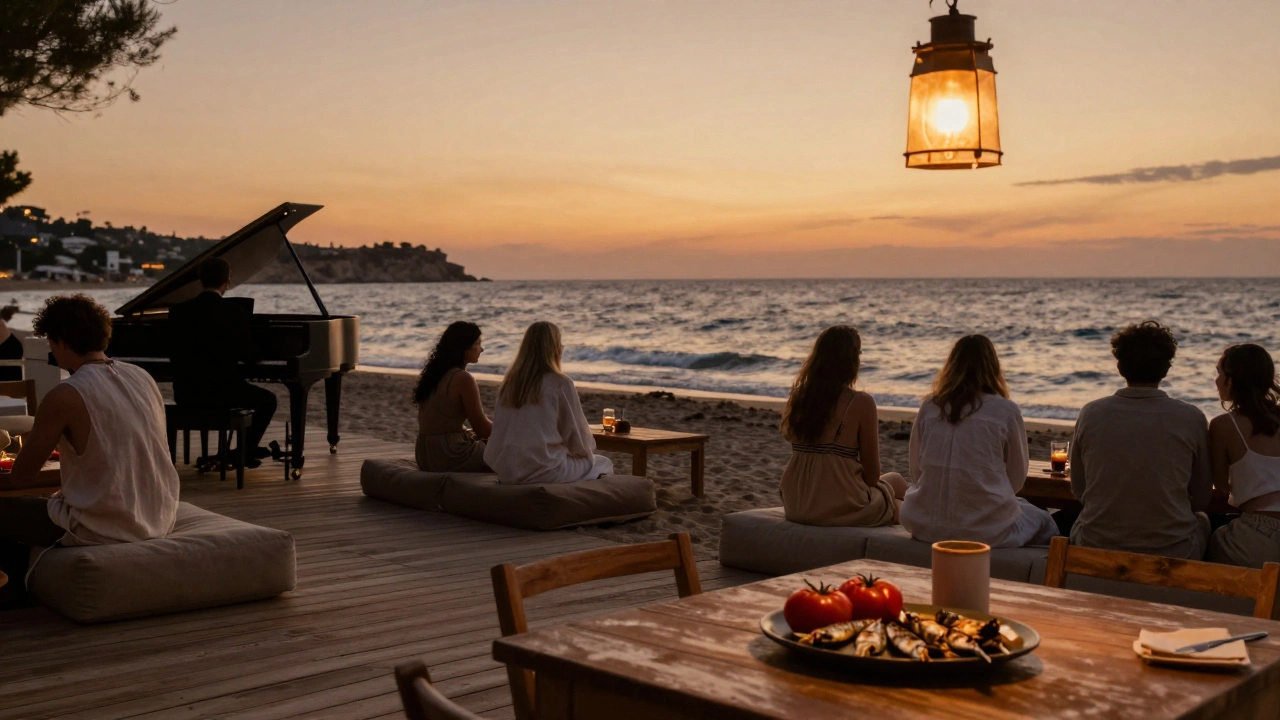 Sunset at Kiki’s Beach with wooden decks, piano player, and soft ambient lighting.