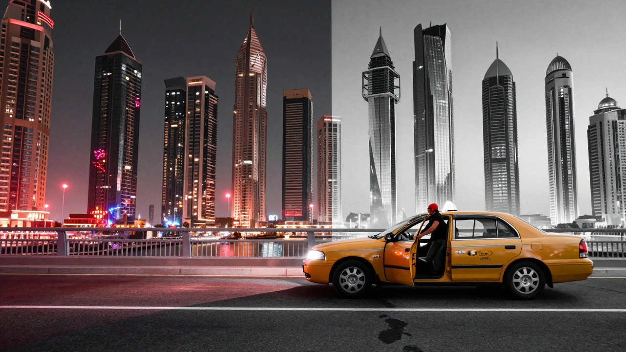 Surreal taxi bridging Dubai Marina's neon party lights to Business Bay's sleek skyscrapers at midnight.