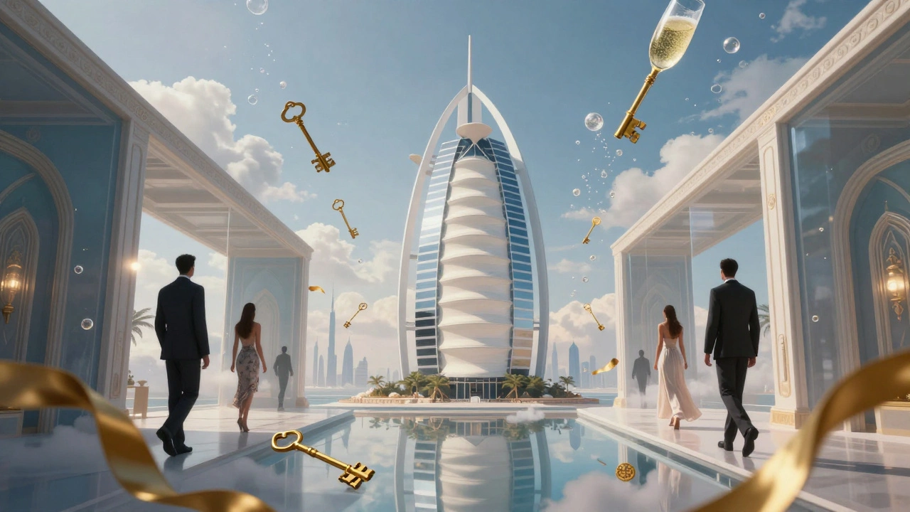 Surreal vision of Burj Al Arab as a floating temple of luxury, surrounded by golden keys and champagne bubbles.