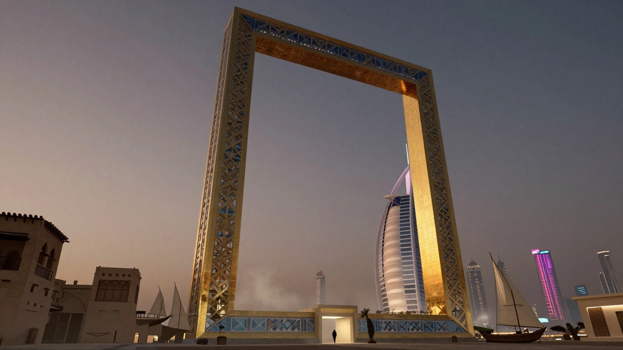 The golden Dubai Frame at twilight, framing the historic and modern skylines of the city in dramatic lighting.