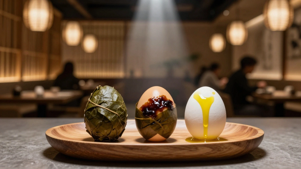 Three artisanal eggs on a wooden plate—smoked, cured, and saffron-infused—under soft Japanese lighting in Zuma.