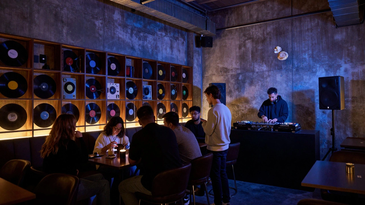 Underground warehouse club in Business Bay with exposed concrete, vintage vinyl, and a small crowd lost in deep house music.