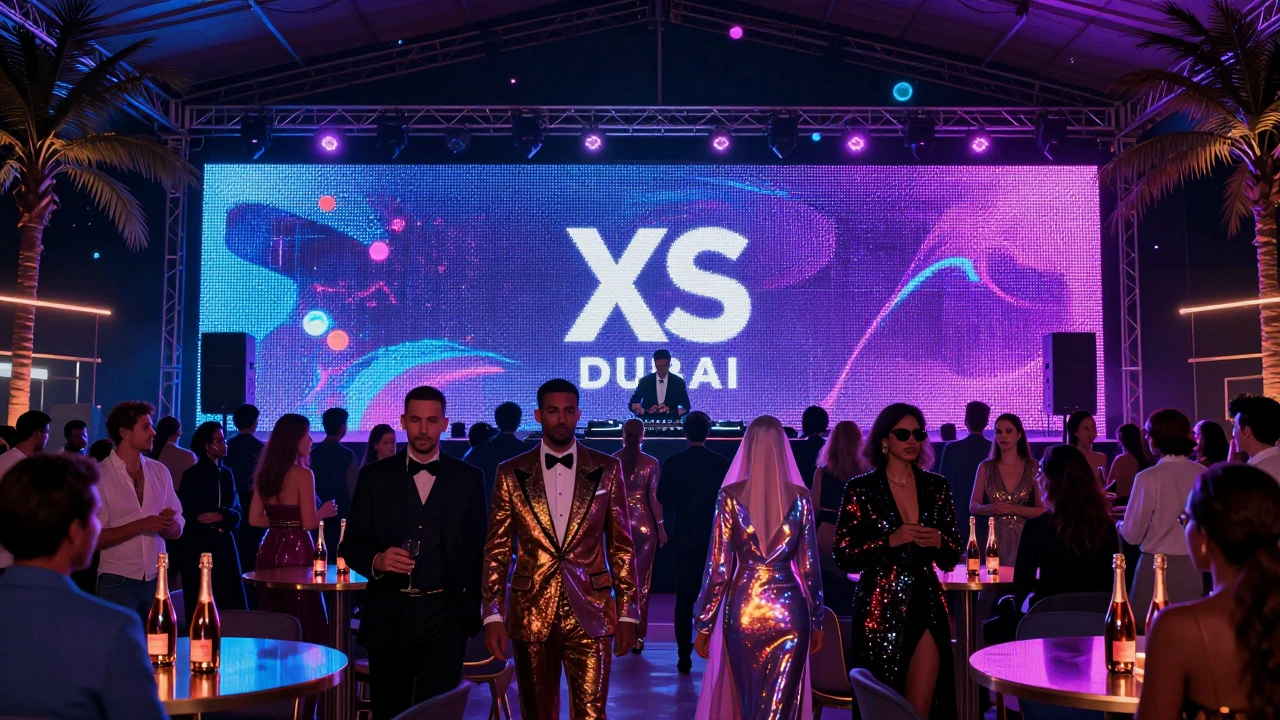 Vibrant nightclub interior with massive LED wall and diverse crowd in luxury fashion under UV lights.