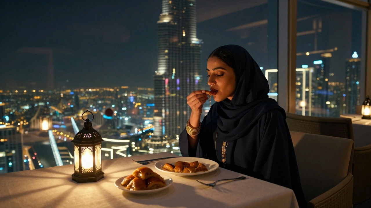 Woman in a navy abaya eating kunafa at a luxury Dubai Iftar, city lights sparkling below her, syrup on her lips.