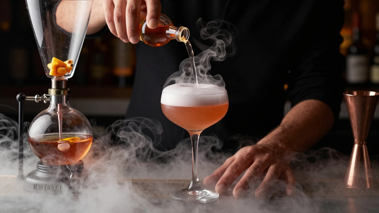 A bartender crafting the Emirati Fog cocktail with frankincense tincture and smoked rosewater mist, nitrogen chill fog surrounding the glass.