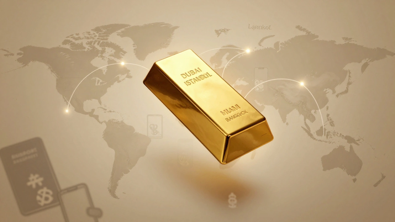 A gold bar floating above global flight routes, symbolizing wealth that transcends borders and digital systems.