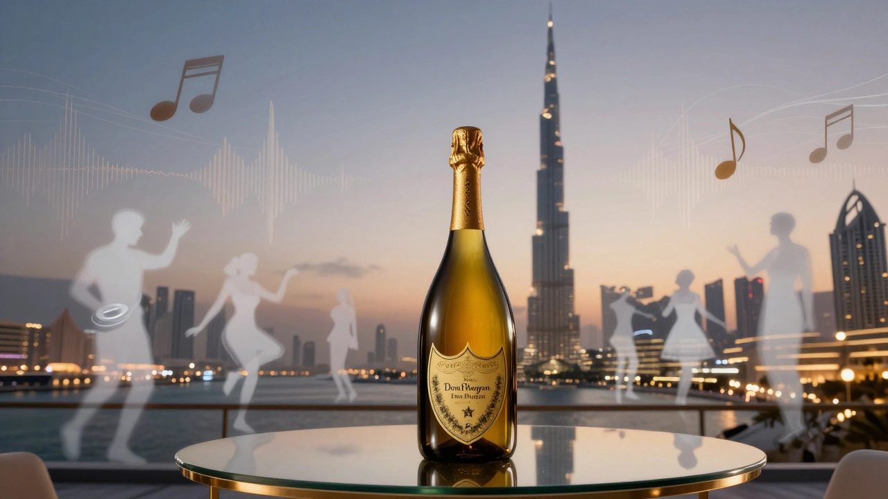 A golden champagne magnum on a glass table with abstract sound waves fading into Dubai's skyline at night.
