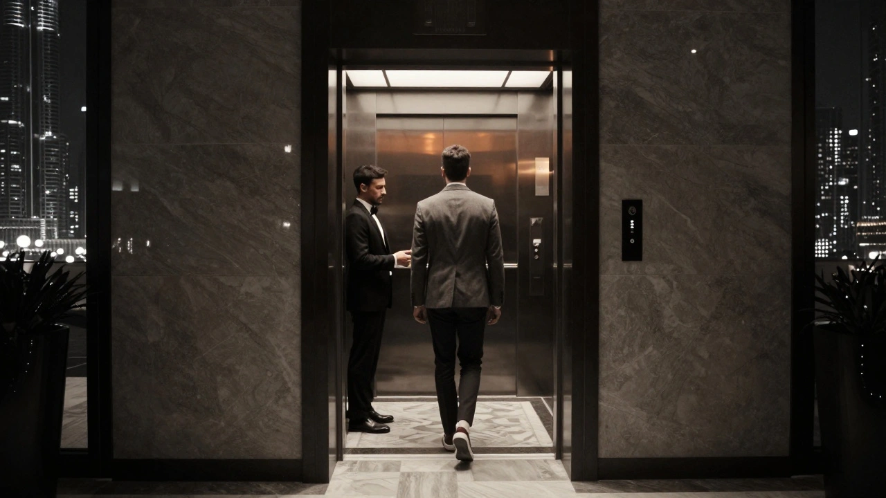 A guest entering a quiet, upscale nightclub via private elevator, greeted by a discreet host.