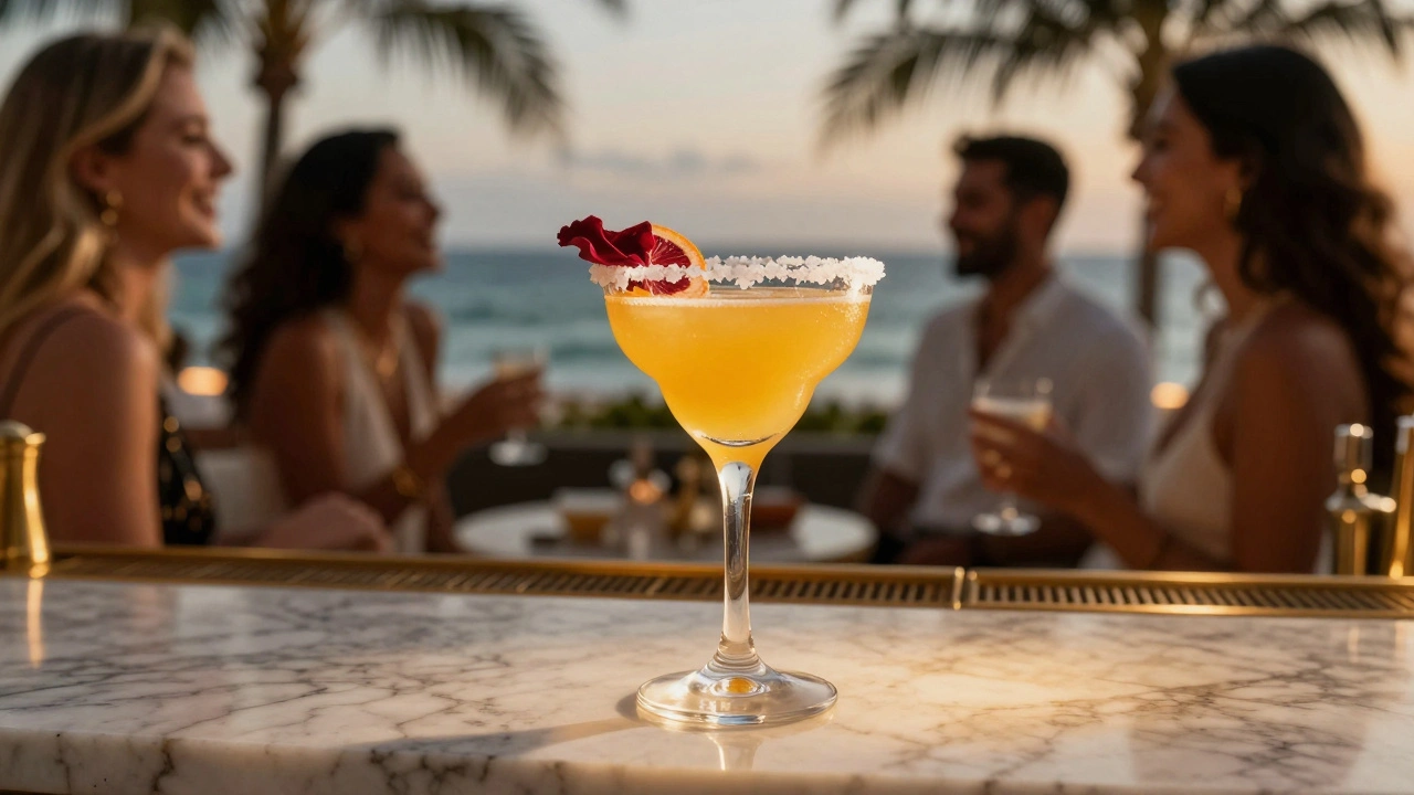 A luxurious cocktail with saffron gin and rose petal, set on marble beside a blurred beachside night scene.