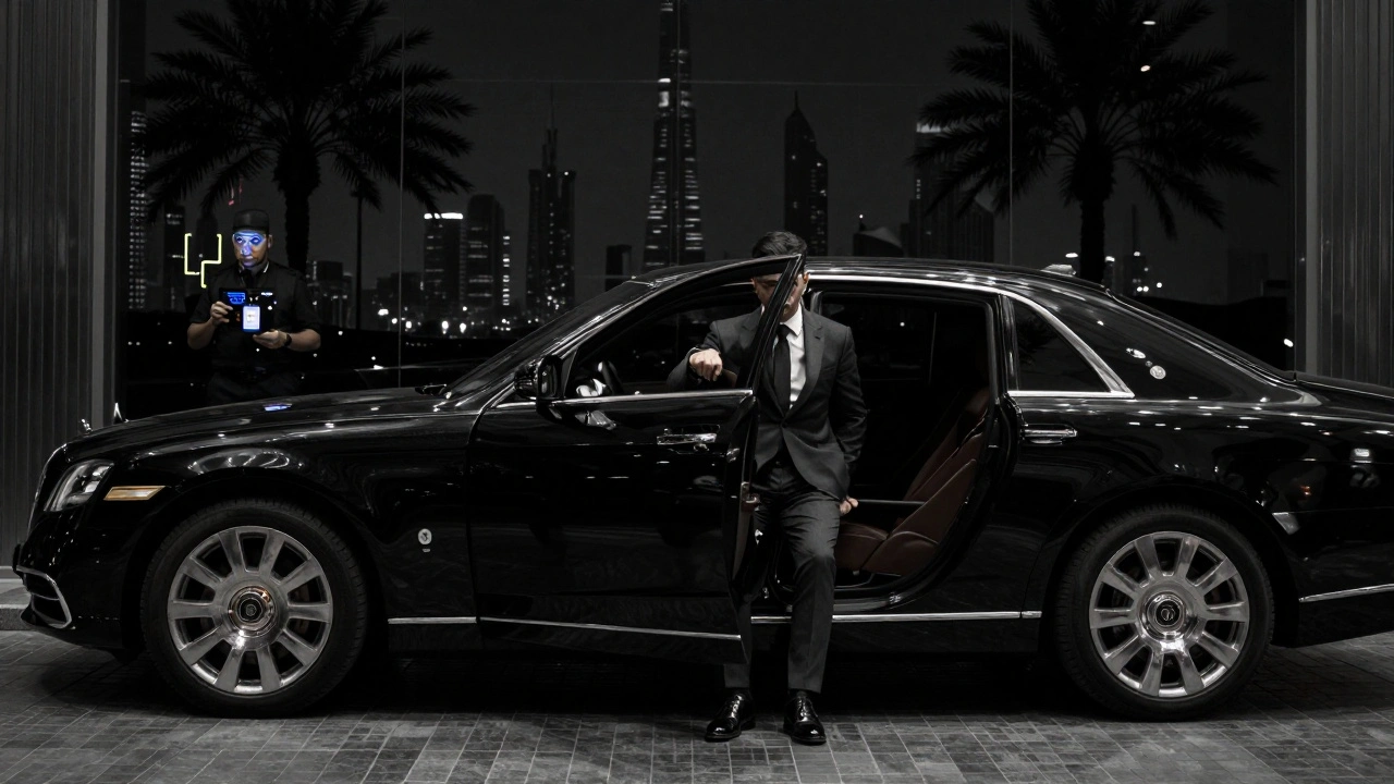 A luxury car waiting outside a discreet nightclub entrance, with security scanning a facial recognition tablet.