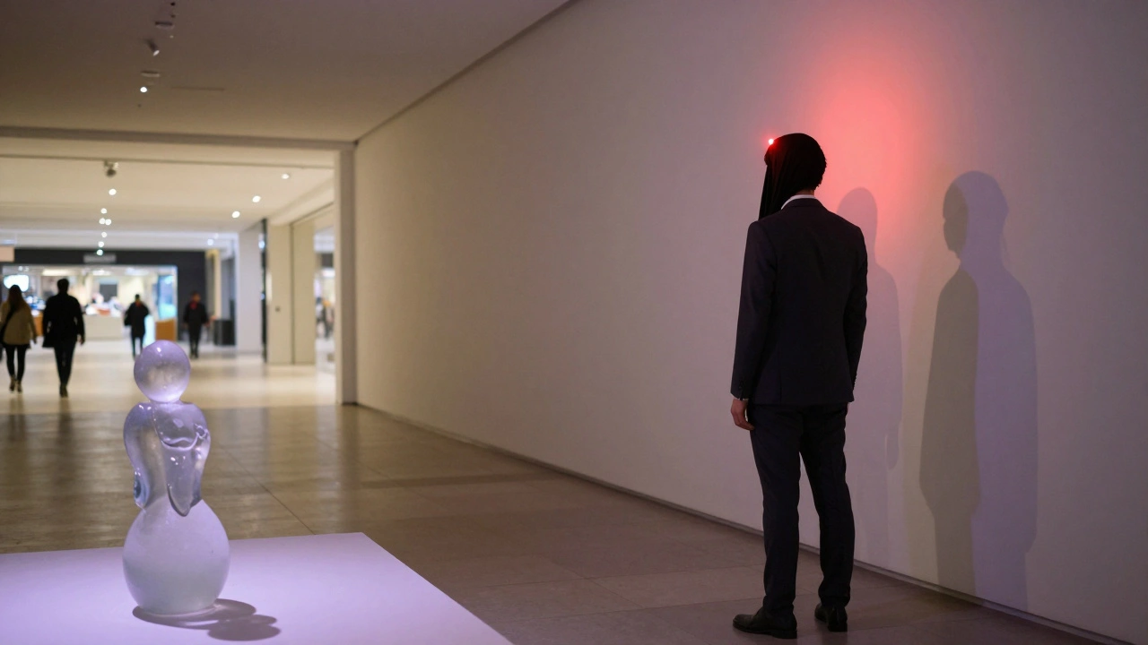 A man's shadow merges with a breathing projection on a wall, bathed in red light at the entrance to Dubai Mall's secret art space.