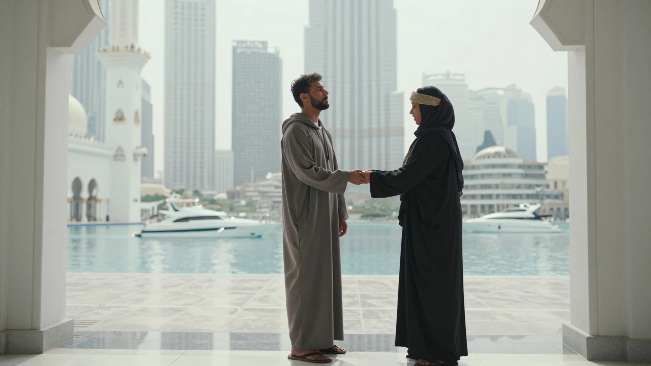 A man at Jumeirah Mosque entrance receiving a traditional abaya, Dubai’s skyline blurred behind him as he prepares to enter with quiet reverence.