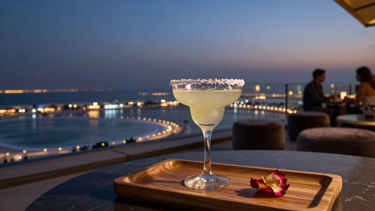 A Sea Salt Margarita on a rooftop terrace, reflecting Dubai Marina lights, crushed coral salt rim, and a floating rose petal.