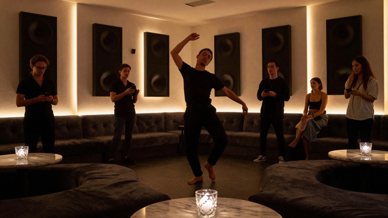 A solitary dancer lost in music at a minimalist club, surrounded by still guests in soft light.