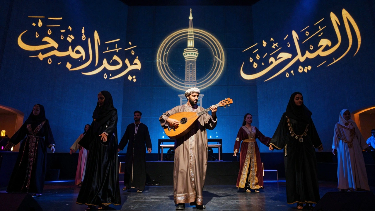 A traditional oud player on stage with modern dancers and neon Arabic projections in a fusion nightclub.