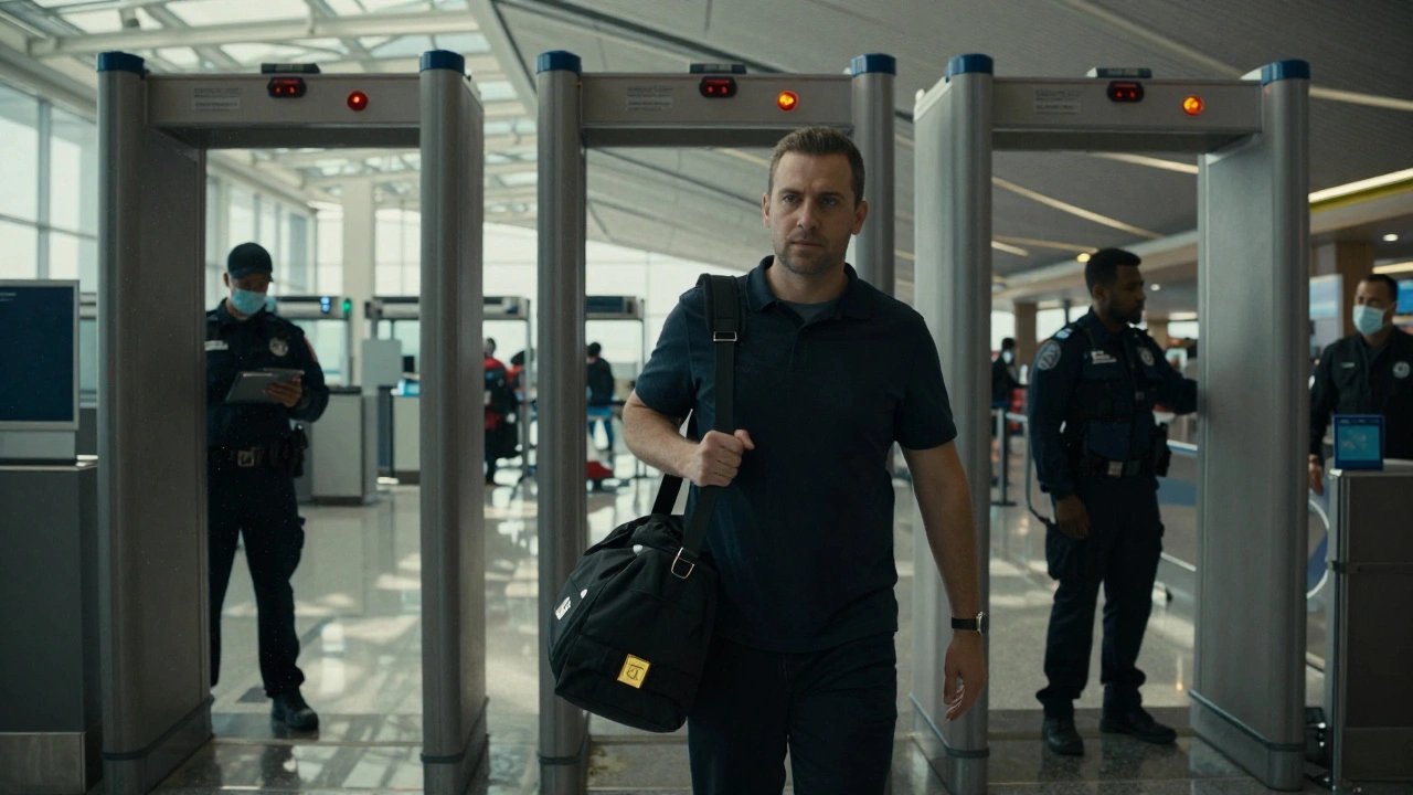 A traveler calmly passing through airport security with a concealed gold bar in a laptop-style bag.