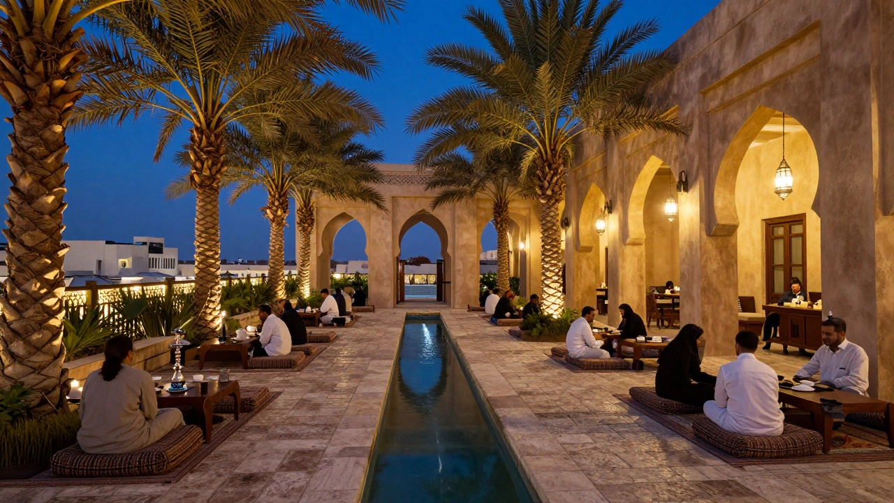Al Fardan Rooftop Lounge with lanterns, date palms, and a trickling falaj channel under starlit night.