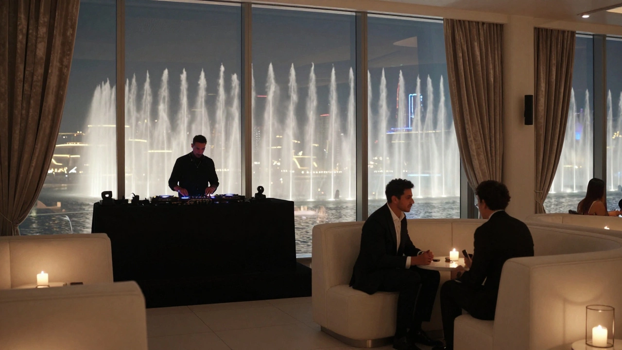 An exclusive Dubai nightclub interior with quiet guests and a view of the Dubai Fountain, no crowds or lights.