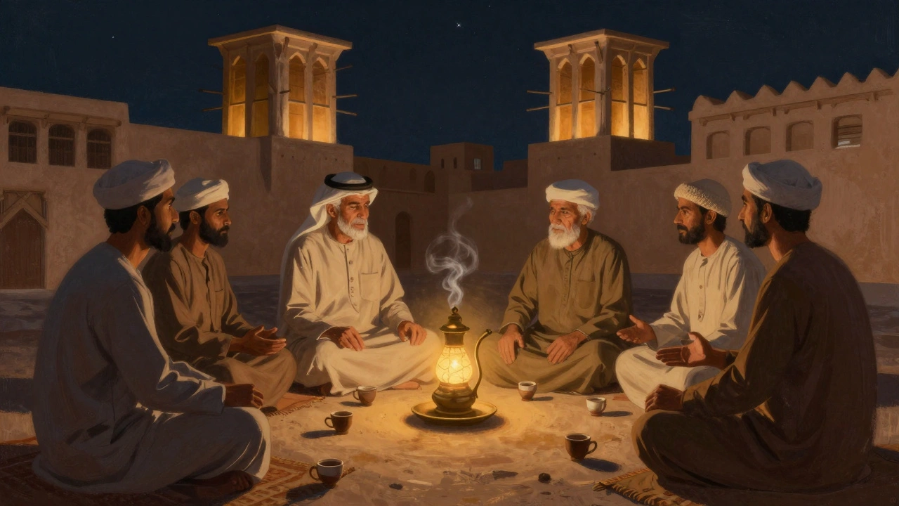 An intimate evening of Arabic storytelling in Al Fahidi with elders sharing tales over coffee.