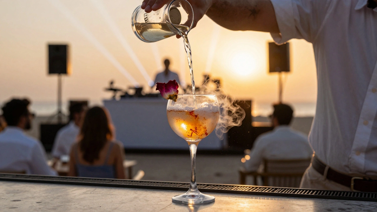 Bartender preparing a premium cocktail with rose petals and gold accents, vibrant lights reflecting off glassware in a luxury nightclub.