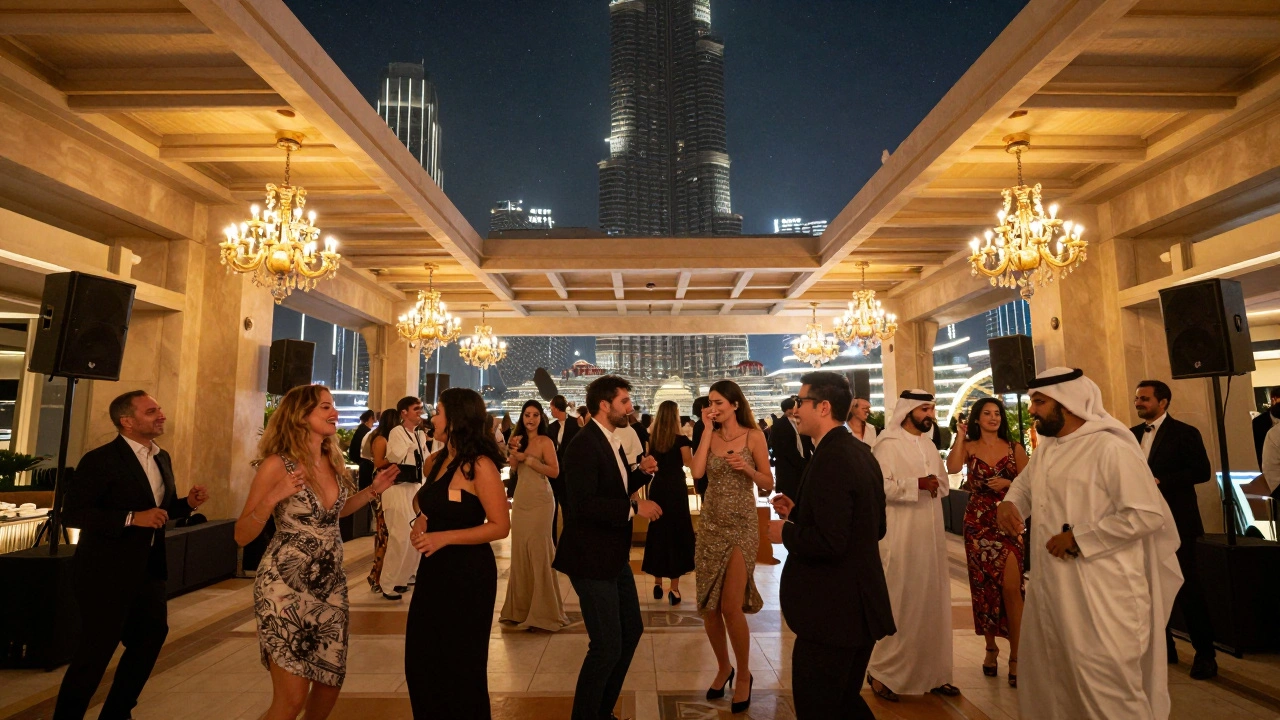 Dancers under a starry sky at a luxury Dubai club with the Burj Khalifa glowing in the distance.