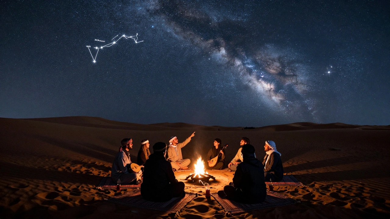 Desert stargazing under the Milky Way with Bedouin guides pointing out traditional constellations.