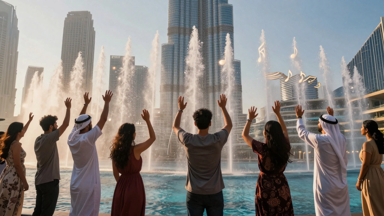Diverse crowd merging with water and light from the fountain, musical notes turning into droplets, symbolizing unity and emotional connection.