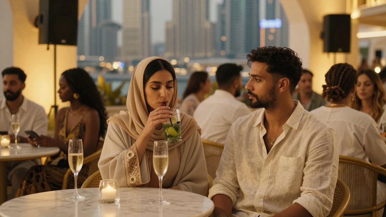 Diverse, elegantly dressed guests enjoying music and champagne in a minimalist, high-end nightclub setting.