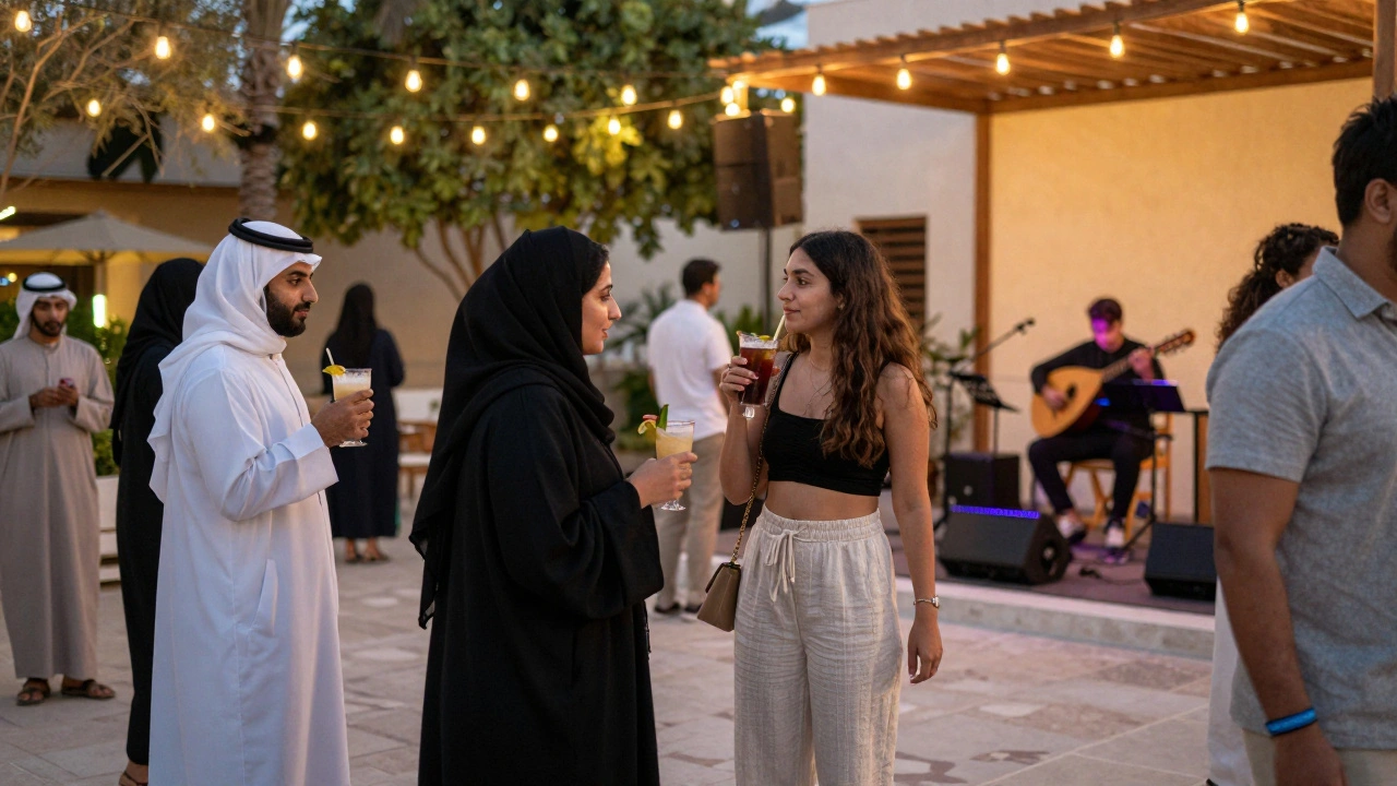 Diverse group enjoying live music at Soho Garden under string lights, blending Emirati and expat styles.