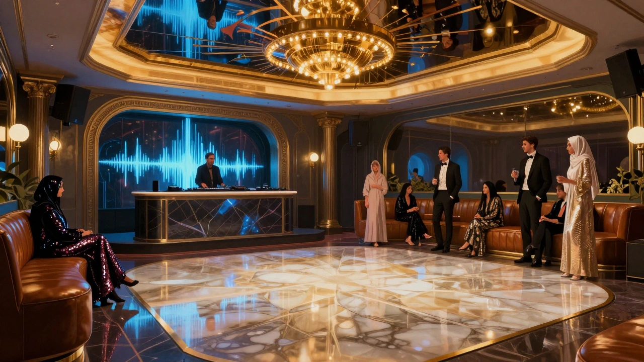 Elegant crowd dancing on a mother-of-pearl floor beneath shimmering chandeliers and animal-print walls.