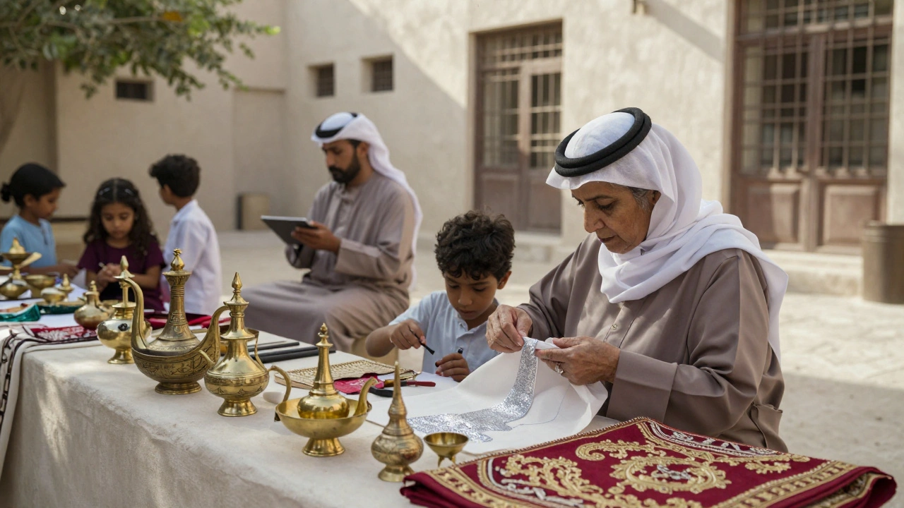 Emirati artisan teaching a child embroidery in a sunlit courtyard filled with handmade crafts.