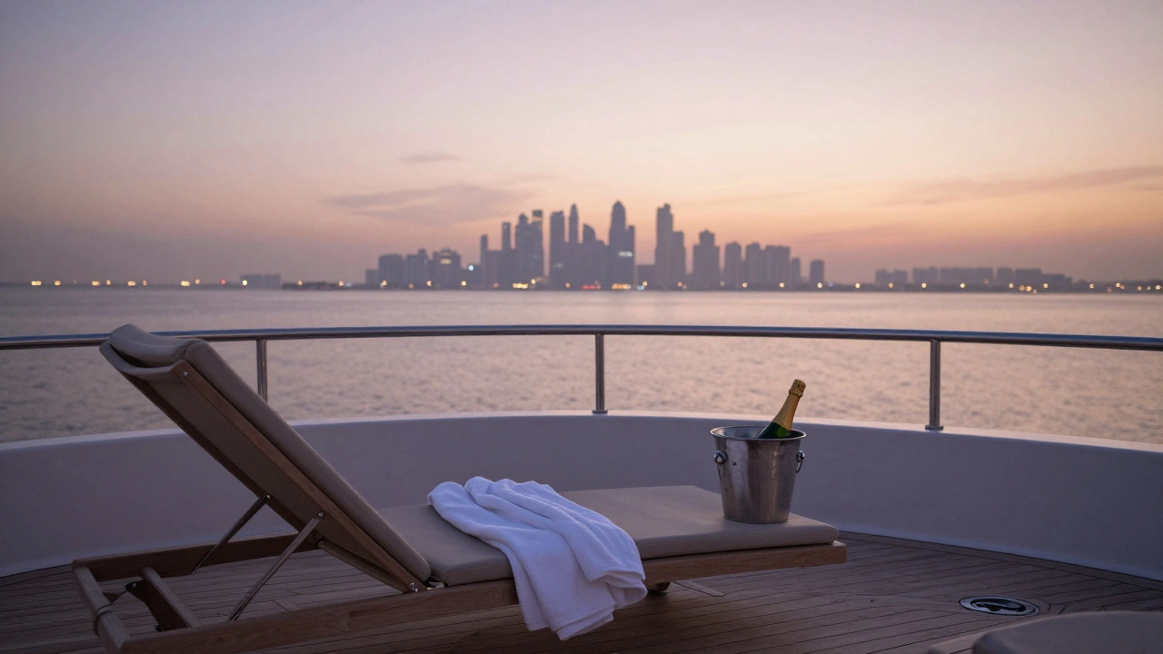 Empty private yacht deck at sunrise, towel and champagne bucket on quiet ocean waters.