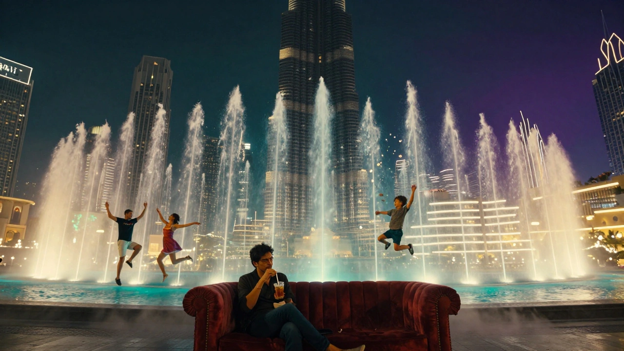 Fountain square at night with water jets and mist surrounding a solitary figure under glowing lights.