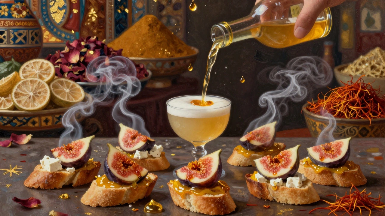Frankincense sour with saffron figs and goat cheese, surrounded by swirling spice trade motifs.