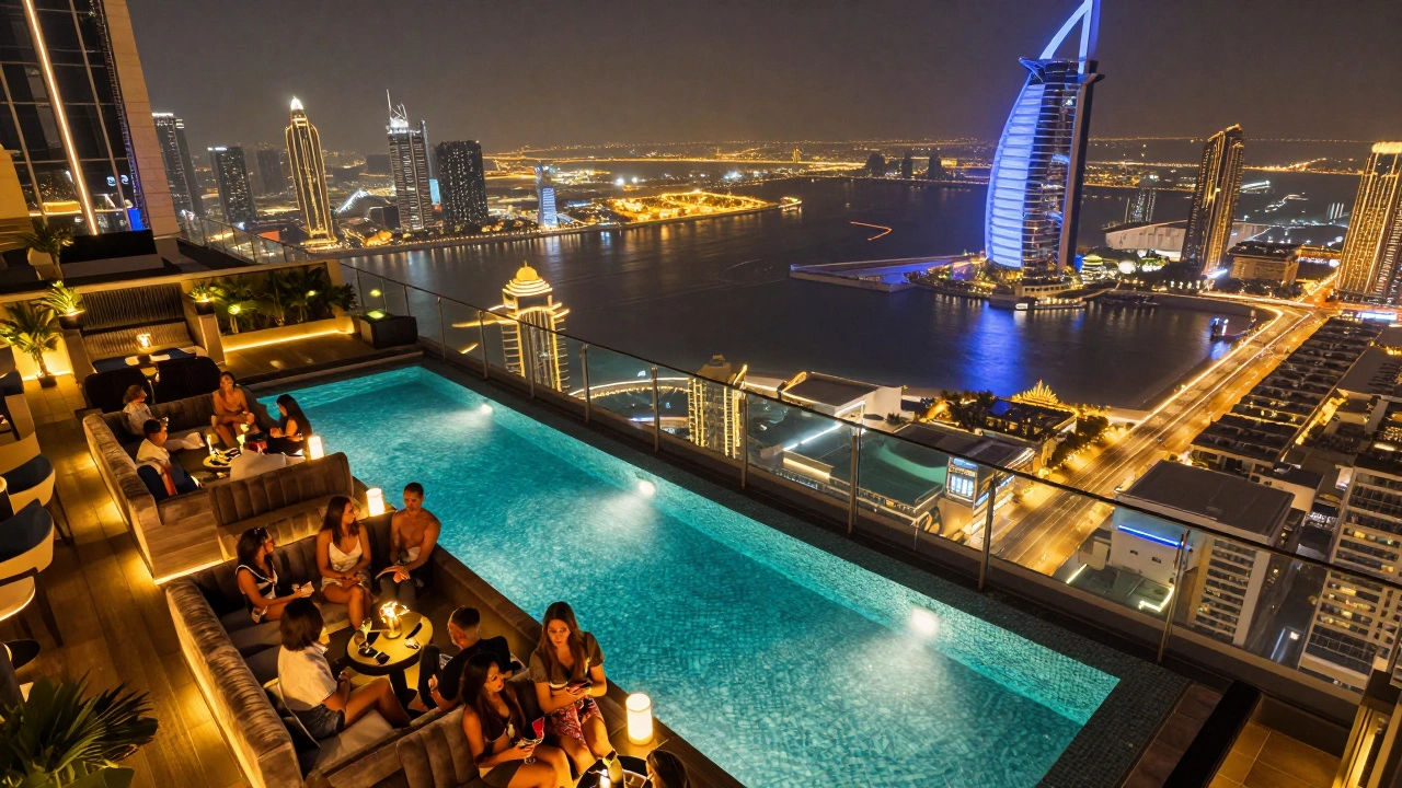 Guests on glass floor at Level 43 rooftop club overlooking pool and Dubai skyline at night.