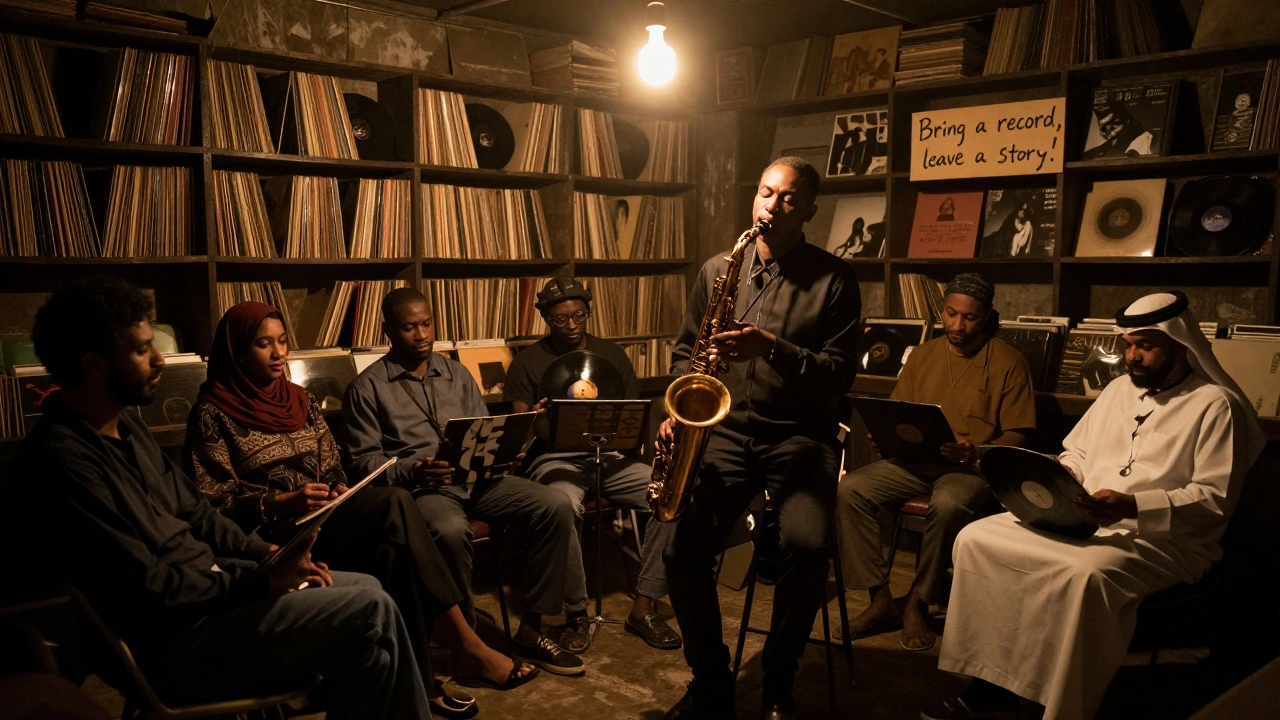 Jazz musician playing saxophone in a dim warehouse basement, listeners holding vinyl records.
