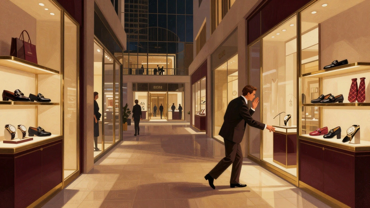 Luxury fashion aisle with a man touching a high-end watch display in warm golden light.