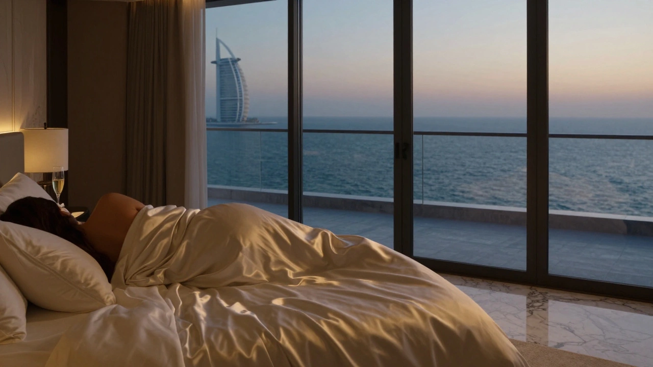 Luxury villa bedroom at dawn with ocean view, silk sheets, and champagne on nightstand.