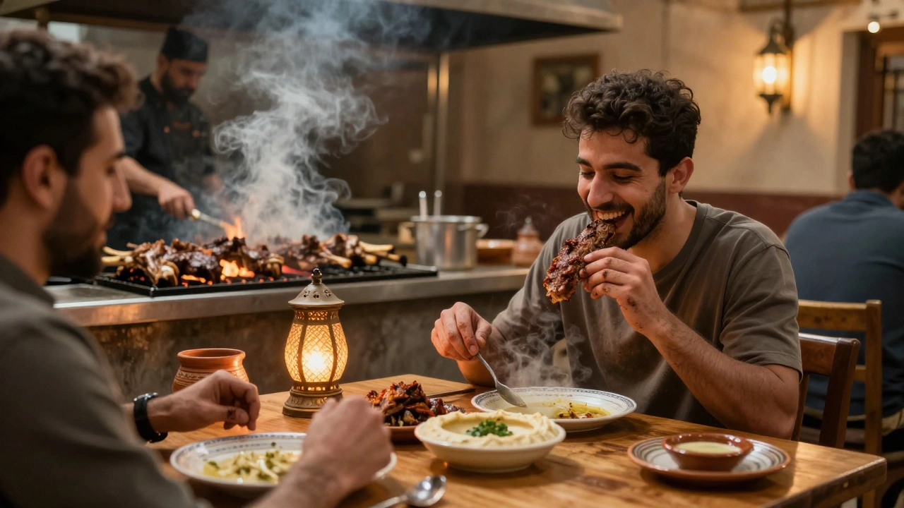 Open-air Lebanese restaurant with chef grilling lamb over fire, diners enjoying simple, authentic food at wooden tables.