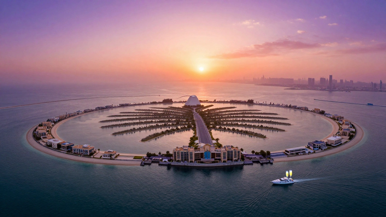 Palm Jumeirah island at sunset with a yacht near Atlantis hotel, glowing sky over the Persian Gulf.