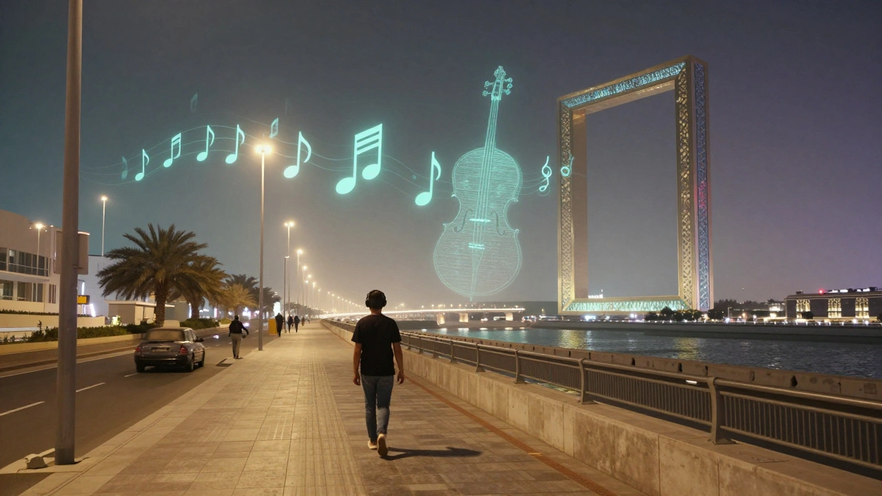 Person walking at night along a city path with musical visuals blending architecture and sound.