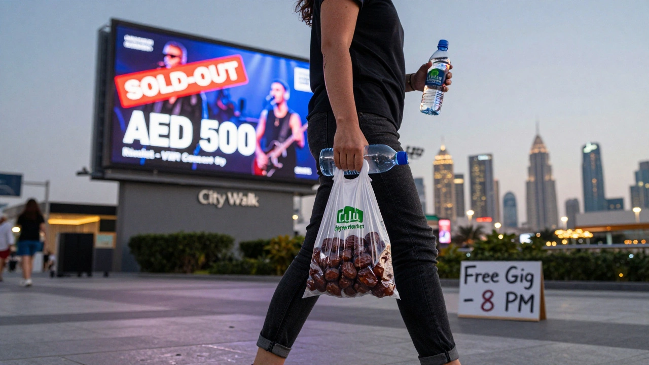 Person walking to a free concert with homemade snacks, passing a billboard for an expensive VIP show.