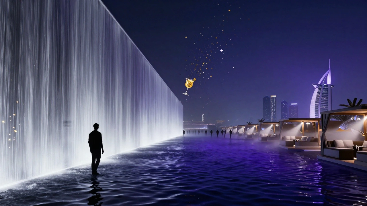 Silhouetted figure amid rippling sound waves and floating gold flakes, representing the deep, intimate energy of White Dubai after midnight.