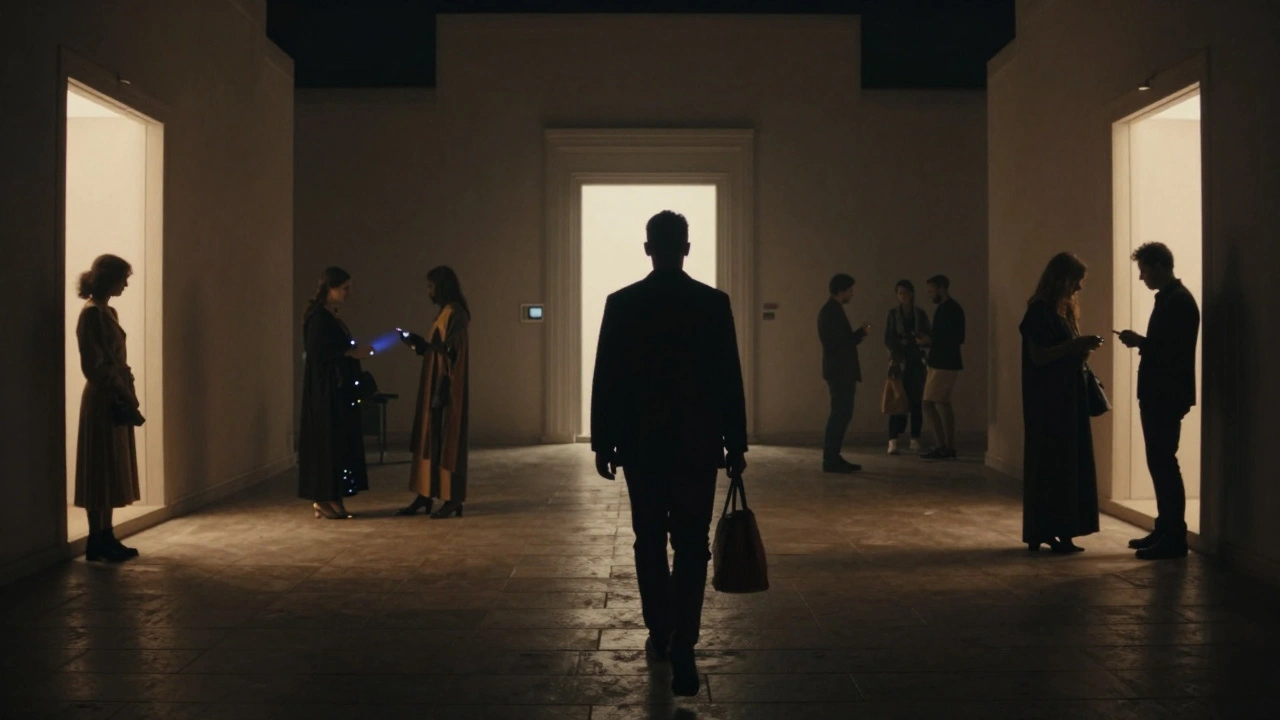 Silhouettes of people moving through an arts district at night with glowing doorways.